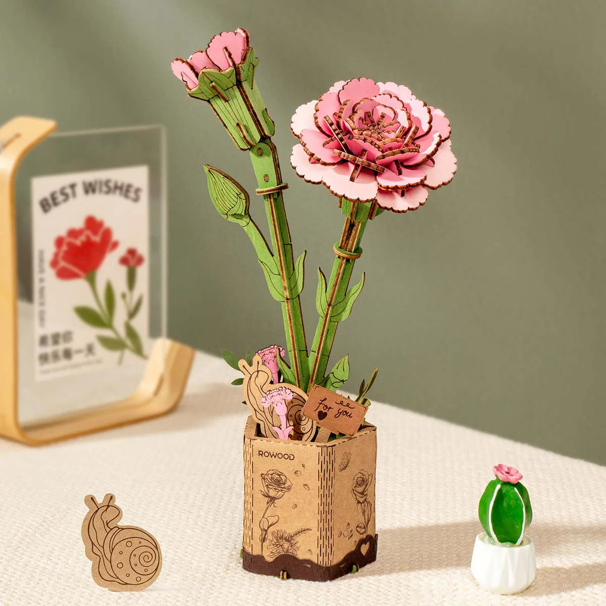 Rowood Pink Carnation (TW051) - Wooden Flower 3D Puzzle