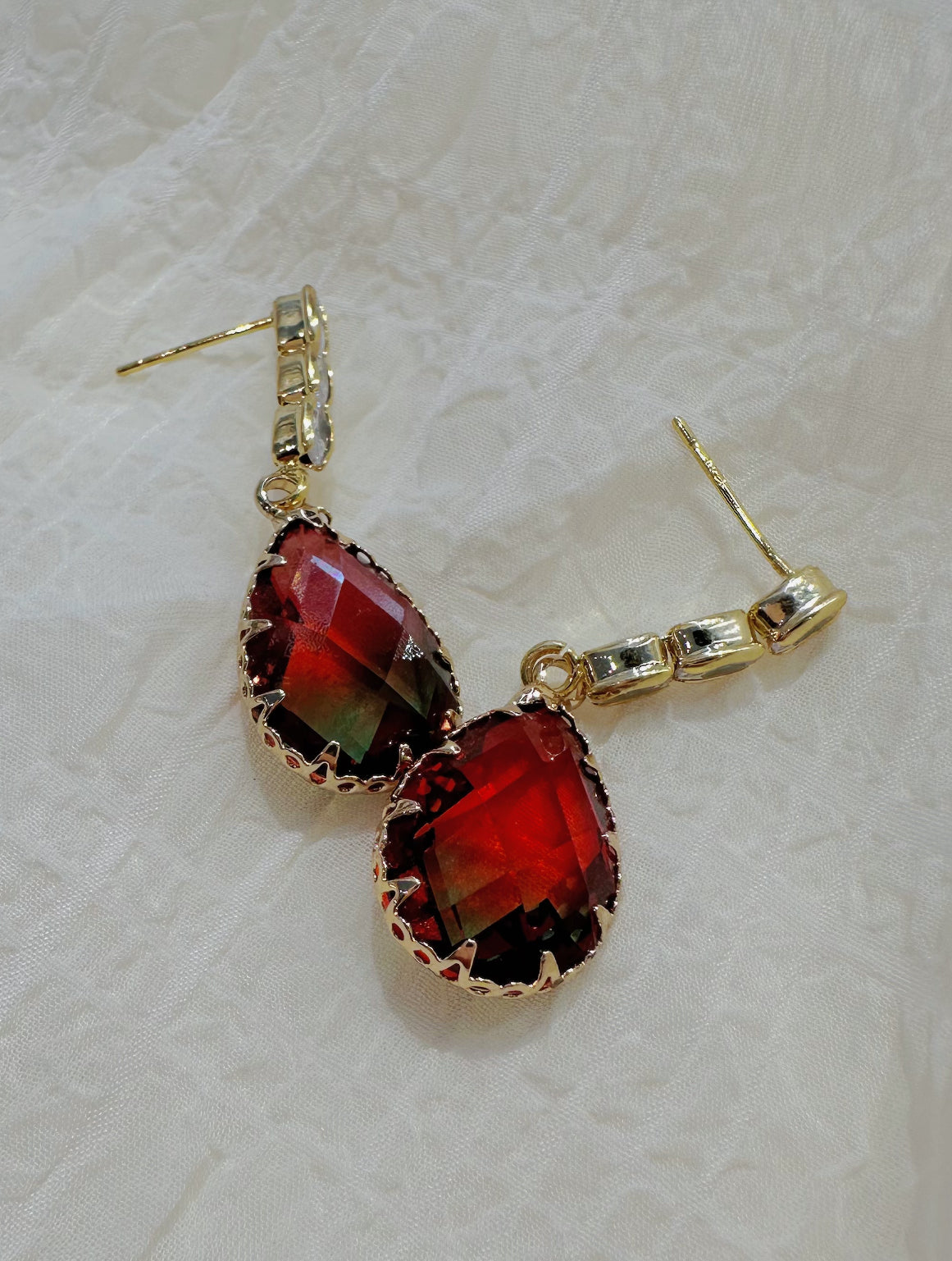 red and green tear drop earrings