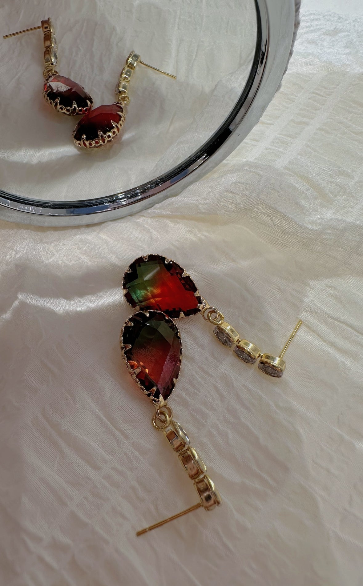 red and green tear drop earrings