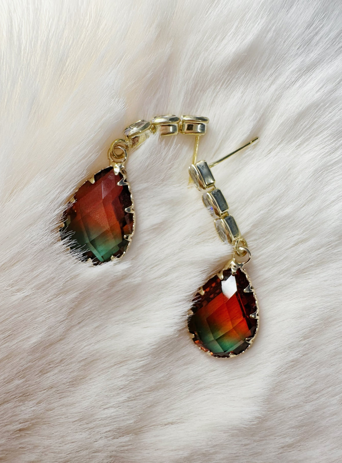 red and green tear drop earrings